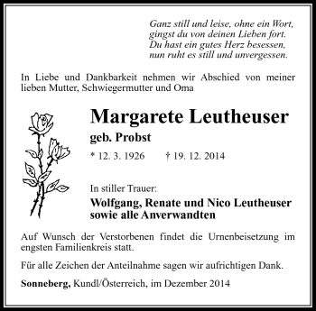 Traueranzeige von Margerete Leutheuser von Südthüringer Presse