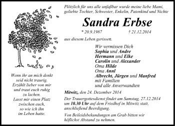 Traueranzeige von Sandra Erbse von Neue Presse Coburg