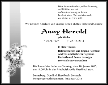 Traueranzeige von Anny Herold von Südthüringer Presse