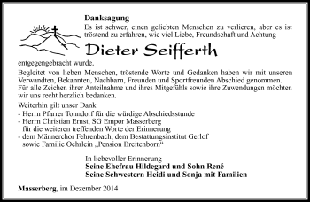 Traueranzeige von Dieter Seifferth von Südthüringer Presse