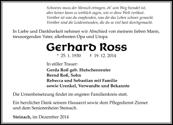 Traueranzeige von Gerhard Roß von Südthüringer Presse