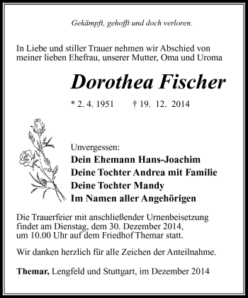Traueranzeige von Dorothea Fischer von Südthüringer Presse