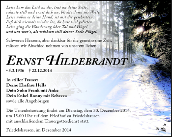 Traueranzeige von Ernst Hildebrandt von Südthüringer Presse