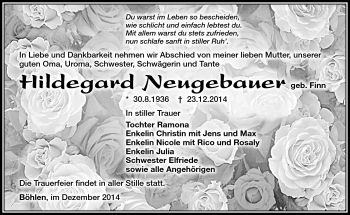 Traueranzeige von Hildegard Neugebauer von Südthüringer Presse