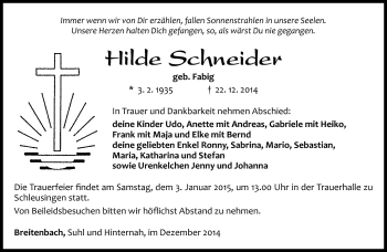 Traueranzeige von Hilde Schneider von Südthüringer Presse
