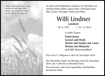 Traueranzeige von Willi Lindner von Neue Presse Coburg