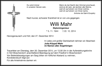 Traueranzeige von Willi Mahr von Frankenpost