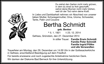 Traueranzeige von Bertha Schmidt von Frankenpost