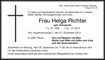 Traueranzeige von Helga Richter von Frankenpost