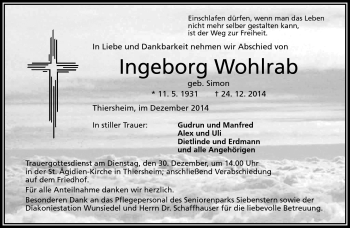 Traueranzeige von Ingeborg Wohlrab von Frankenpost