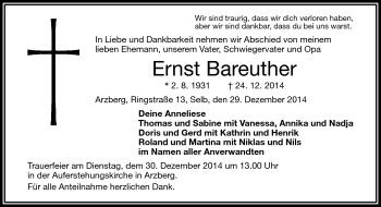Traueranzeige von Ernst Bareuther von Frankenpost