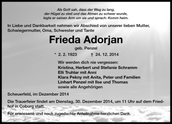 Traueranzeige von Frieda Adorjan von Neue Presse Coburg