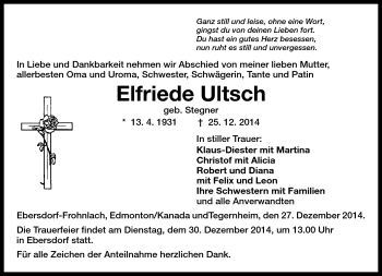 Traueranzeige von Elfriede Ultsch von Neue Presse Coburg