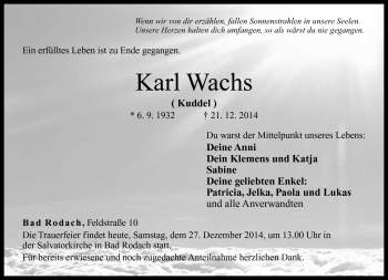 Traueranzeige von Karl Wachs von Neue Presse Coburg