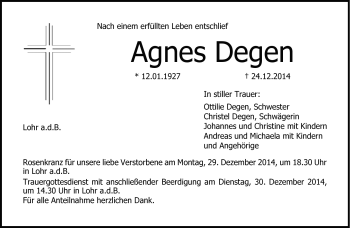 Traueranzeige von Agnes Degen von Neue Presse Coburg