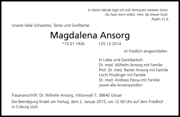 Traueranzeige von Magdalena Ansorg von Neue Presse Coburg