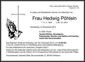Traueranzeige von Hedwig Pöhlein von Frankenpost
