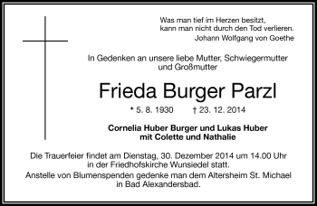 Traueranzeige von Frieda Burger Parzl von Frankenpost