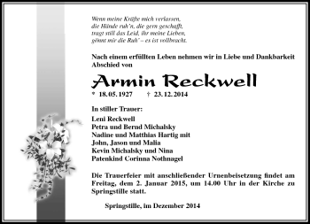 Traueranzeige von Armin Reckwell von Südthüringer Presse