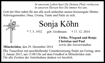 Traueranzeige von Sonja Köhn von Neue Presse Coburg