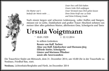 Traueranzeige von Ursula Voigtmann von Südthüringer Presse