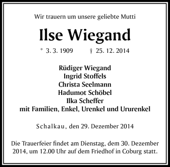 Traueranzeige von Ilse Wiegand von Neue Presse Coburg