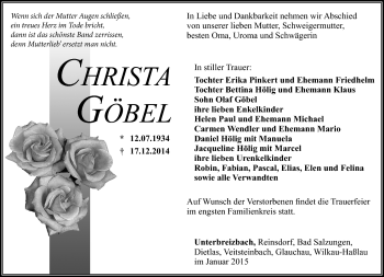 Traueranzeige von Christa Göbel von Südthüringer Presse