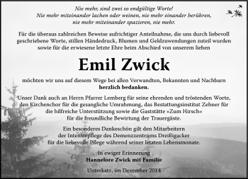 Traueranzeige von Emil Zwick von Südthüringer Presse