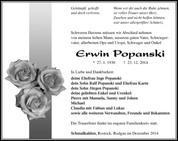 Traueranzeige von Erwin Popanski von Südthüringer Presse
