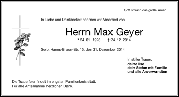 Traueranzeige von Max Geyer von Frankenpost