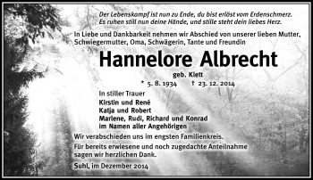 Traueranzeige von Hannelore Albrecht von Südthüringer Presse
