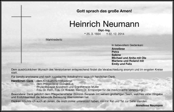 Traueranzeige von Heinrich Neumann von Frankenpost