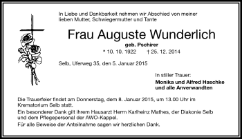 Traueranzeige von Auguste Wunderlich von Frankenpost