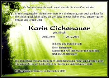 Traueranzeige von Karin Eichenauer von Südthüringer Presse