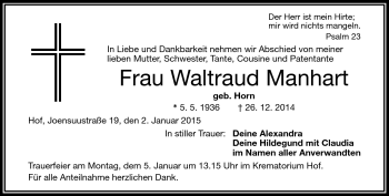 Traueranzeige von Waltraud Manhart von Frankenpost
