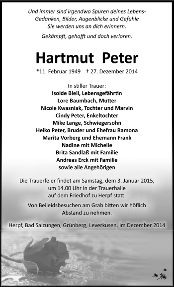 Traueranzeige von Hartmut Peter von Südthüringer Presse