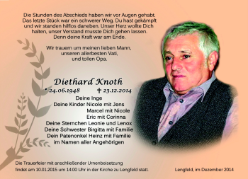 Traueranzeige von Diethard Knoth von Südthüringer Presse