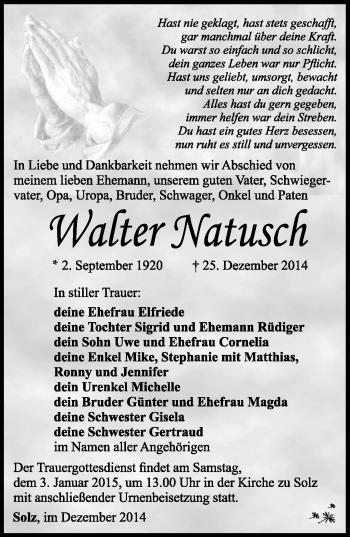 Traueranzeige von Walter Natusch von Südthüringer Presse