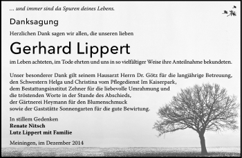 Traueranzeige von Gerhard Lippert von Südthüringer Presse
