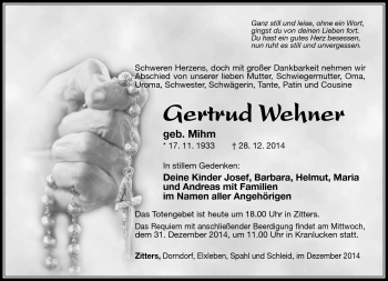 Traueranzeige von Gertrud Wehner von Südthüringer Presse