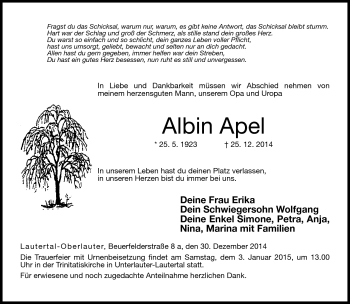 Traueranzeige von Albin Apel von Neue Presse Coburg