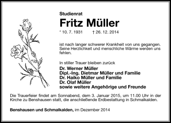 Traueranzeige von Fritz Müller von Südthüringer Presse