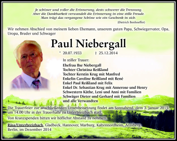 Traueranzeige von Paul Niebergall von Südthüringer Presse