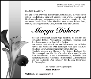 Traueranzeige von Marga Döhrer von Südthüringer Presse