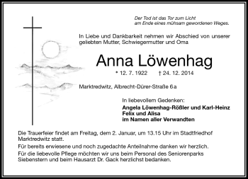 Traueranzeige von Anna Löwenhag von Frankenpost