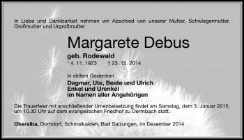Traueranzeige von Margarethe Debus von Südthüringer Presse