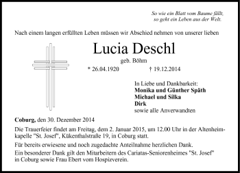 Traueranzeige von Lucia Deschl von Neue Presse Coburg