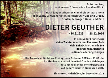 Traueranzeige von Dieter Geuther von Südthüringer Presse