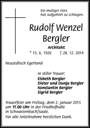 Traueranzeige von Rudolf Wenzel Bergler von Frankenpost