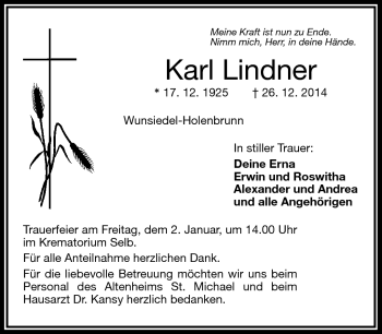 Traueranzeige von Karl Lindner von Frankenpost